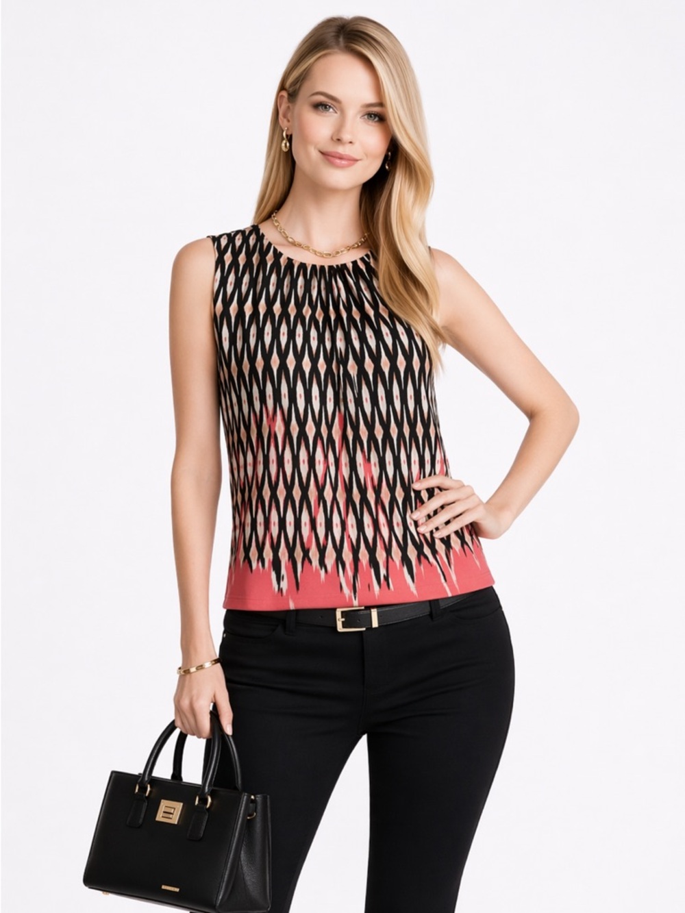 CALVIN KLEIN Pleat Neck Blouse Petite Small Coral Black Print Top Chic Workwear